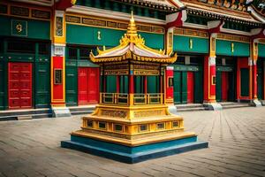 een gouden pagode in voorkant van een gebouw. ai-gegenereerd foto