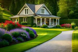 een mooi tuin met een huis en bloemen. ai-gegenereerd foto