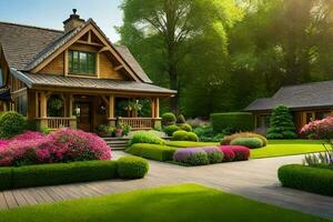 een mooi huis met een tuin en bloemen. ai-gegenereerd foto
