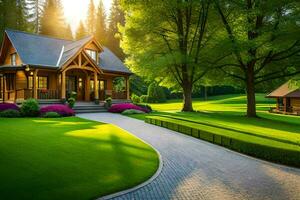 een mooi huis in de midden- van een weelderig groen veld. ai-gegenereerd foto