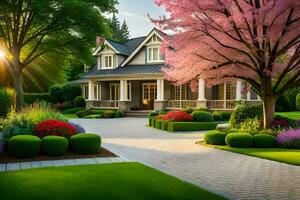een mooi huis met een mooi tuin en bomen. ai-gegenereerd foto