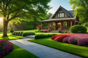 mooi landschap met een huis en bloemen. ai-gegenereerd foto