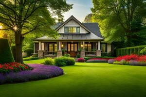 een mooi huis met weelderig groen gazon en bloemen. ai-gegenereerd foto