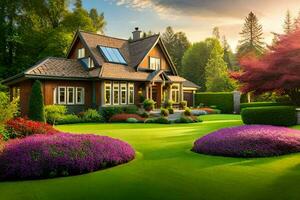 een mooi huis met Purper bloemen in de voorkant tuin. ai-gegenereerd foto