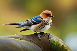 een klein vogel is zittend Aan een houten na. ai-gegenereerd foto