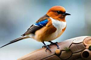 een klein vogel met een blauw en wit hoofd. ai-gegenereerd foto