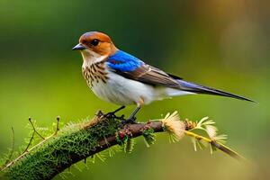 een blauw en wit vogel zittend Aan een Afdeling. ai-gegenereerd foto