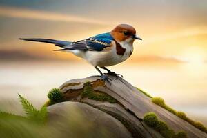 een vogel is zittend Aan een rots in voorkant van de zonsondergang. ai-gegenereerd foto