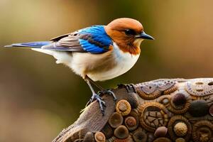 een vogel met blauw en oranje veren zittend Aan een houten schutting. ai-gegenereerd foto