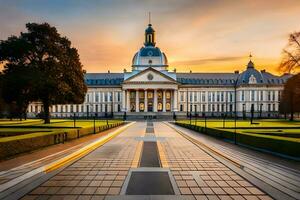 de mooi gebouw van de Universiteit van Amsterdam Bij zonsondergang. ai-gegenereerd foto