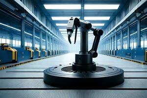 een robot is staand in een fabriek met veel machines. ai-gegenereerd foto
