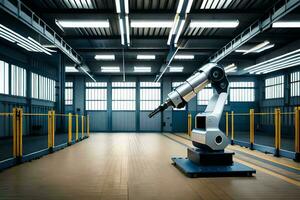 een robot in een groot industrieel gebouw. ai-gegenereerd foto