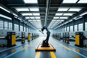 een industrieel robot is in beweging door een fabriek. ai-gegenereerd foto