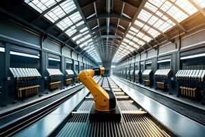een robot is wandelen naar beneden een transportband riem in een fabriek. ai-gegenereerd foto