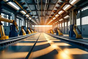 robots in een fabriek met de zon schijnend door de ramen. ai-gegenereerd foto