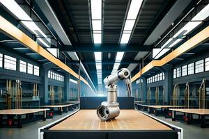 een robot is zittend Aan een tafel in een fabriek. ai-gegenereerd foto