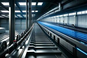 een lang transportband riem in een fabriek met blauw lichten. ai-gegenereerd foto