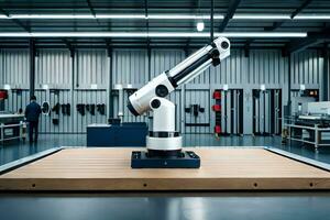 een robot arm is zittend Aan een tafel in een fabriek. ai-gegenereerd foto