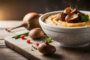 gepureerd aardappel met champignons en uien in een schaal. ai-gegenereerd foto