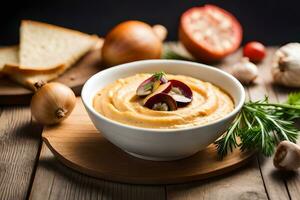 pompoen hummus met knoflook en peterselie Aan een houten tafel. ai-gegenereerd foto