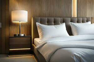 een modern hotel kamer met een bed en nachtkastje. ai-gegenereerd foto
