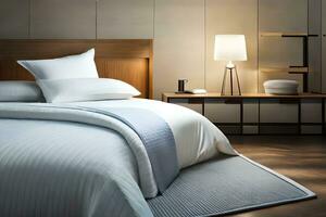 een hotel kamer met een bed en nachtkastje. ai-gegenereerd foto