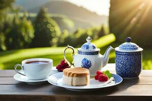 koffie en taart Aan een tafel in de tuin. ai-gegenereerd foto