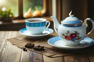 thee en koffie Aan een houten tafel. ai-gegenereerd foto