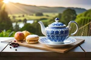 een blauw en wit theepot en een bord met een gebakje Aan een houten tafel met a. ai-gegenereerd foto