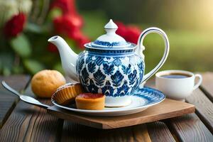 blauw en wit theepot en koekje Aan houten tafel. ai-gegenereerd foto