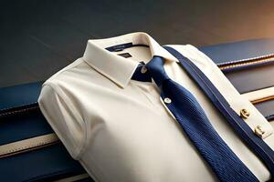 een wit overhemd en blauw stropdas zijn zittend Aan top van een koffer. ai-gegenereerd foto