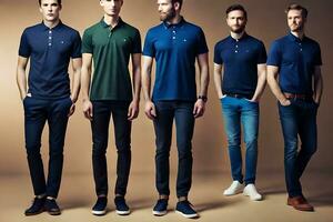 vijf mannen in blauw polo overhemden en jeans. ai-gegenereerd foto