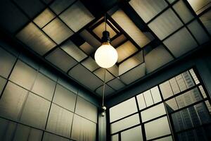 een licht lamp blijft hangen van de plafond van een kamer. ai-gegenereerd foto