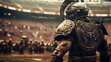 modern viking gladiator Bij een Amerikaans Amerikaans voetbal stadion. generatief ai. foto