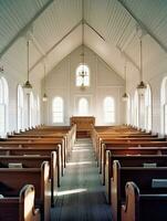 interieur van een Amerikaans amish kerk generatief ai foto