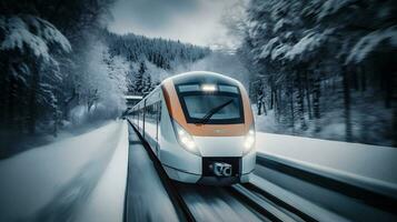 futuristische winter trein in beweging generatief ai foto