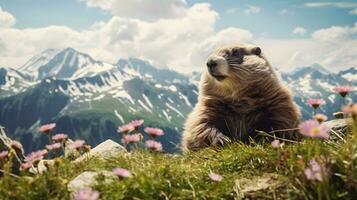 majestueus marmot een berg portret generatief ai foto