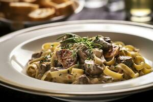 tagliatelle met worst en porcini, pasta met worst en zomer eekhoorntjesbrood paddestoel. generatief ai foto