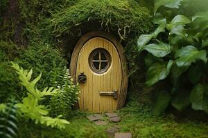 weinig magie houten fee deuren en planten vertrekken Aan een bemost natuurlijk groen achtergrond. ai gegenereerd foto