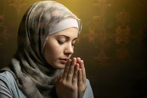 moslim vrouw bidden met haar handen geklemd samen en ogen Gesloten ai generatief foto
