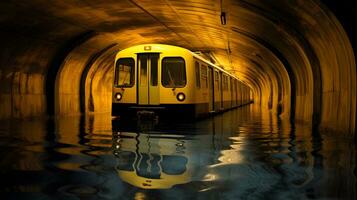 geel metro trein in een donker tunnel met reflectie in de water ai generatief foto