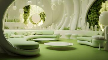 modern leven kamer met een veel van groen meubilair ai generatief foto