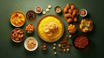 minimalistische diwali feest. een smaakvol vlak leggen van feestelijk voedingsmiddelen en snacks voor een gelukkig viering foto