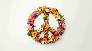 vrede symbool gemaakt van divers bloemen Aan de wit achtergrond foto