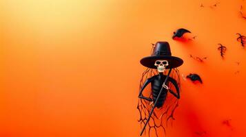 skelet vervelend heksen hoed en Holding bezem Aan oranje achtergrond. generatief ai foto