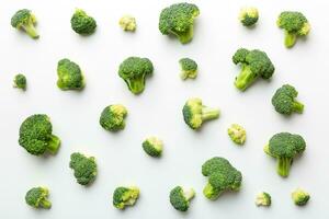 groen vers broccoli achtergrond dichtbij omhoog Aan gekleurde tafel. groenten voor eetpatroon en gezond aan het eten. biologisch voedsel foto