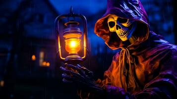 skelet Holding lantaarn met gloeiend licht in zijn hand. generatief ai foto
