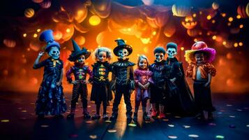 groep van kinderen gekleed in halloween kostuums staand in voorkant van fase. generatief ai foto