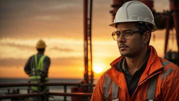 portret van een Mens olie tuigage arbeider met een helm in voorkant van de offshore tuigage met zonsondergang achtergrond. ai generatief foto