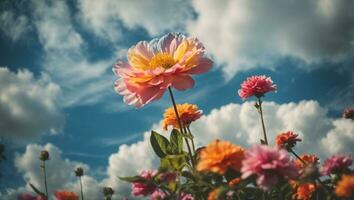 mooi kleurrijk bloemen met blauw lucht en wolken achtergrond, idyllisch weide. ai generatief foto